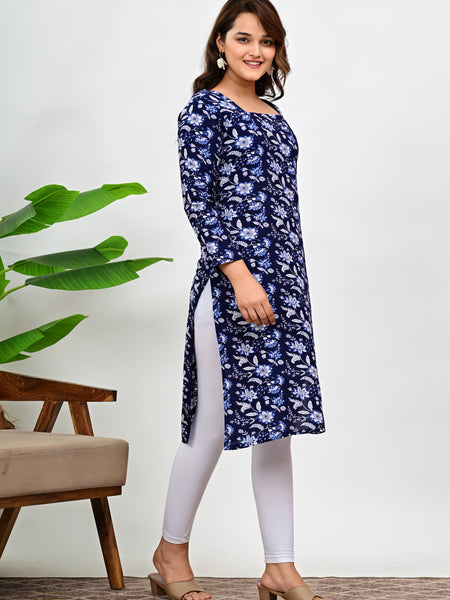 Women's Navy Blue Floral Print Cotton Straight Kurti