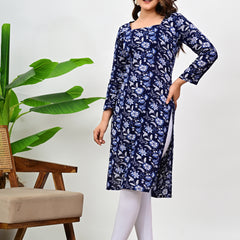 Women's Navy Blue Floral Print Cotton Straight Kurti