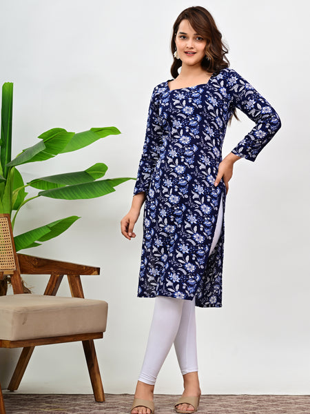 Women's Navy Blue Floral Print Cotton Straight Kurti