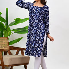 Women's Navy Blue Floral Print Cotton Straight Kurti