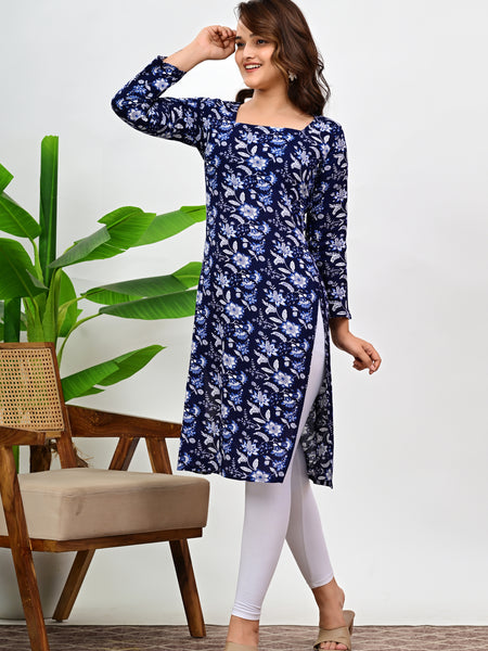 Women's Navy Blue Floral Print Cotton Straight Kurti