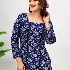 Women's Navy Blue Floral Print Cotton Straight Kurti