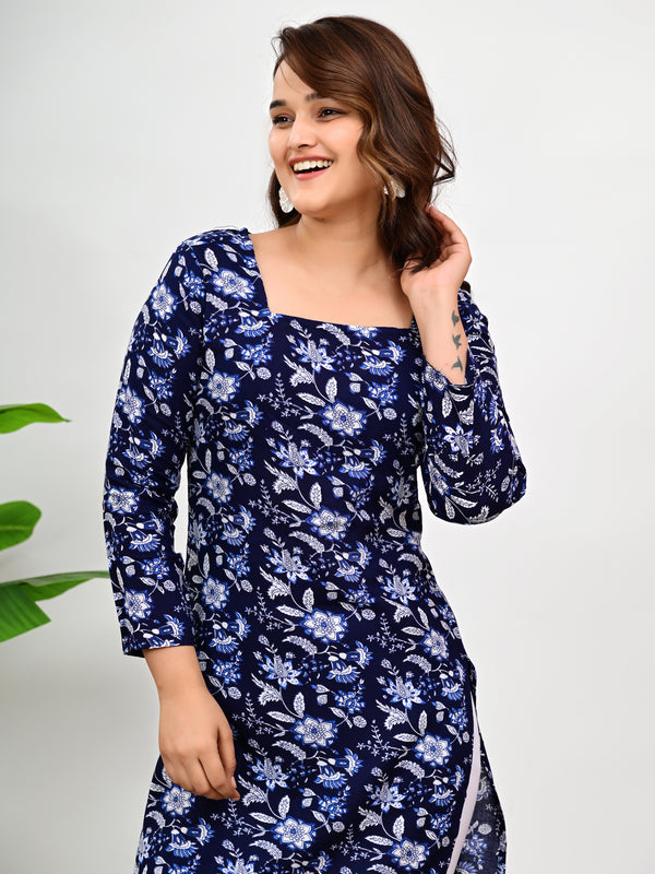 Women's Navy Blue Floral Print Cotton Straight Kurti