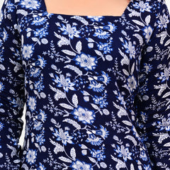 Women's Navy Blue Floral Print Cotton Straight Kurti