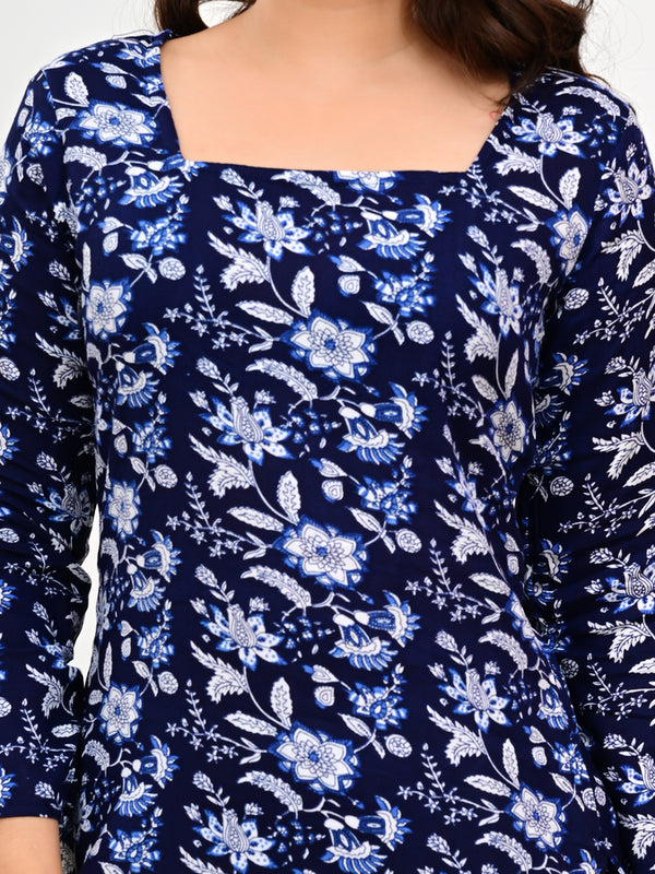 Women's Navy Blue Floral Print Cotton Straight Kurti