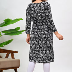 Women's Black Floral Print Cotton Straight Kurti