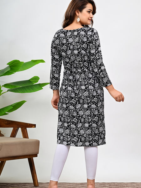 Women's Black Floral Print Cotton Straight Kurti