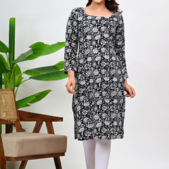 Women's Black Floral Print Cotton Straight Kurti