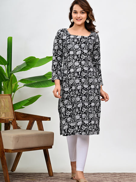 Women's Black Floral Print Cotton Straight Kurti