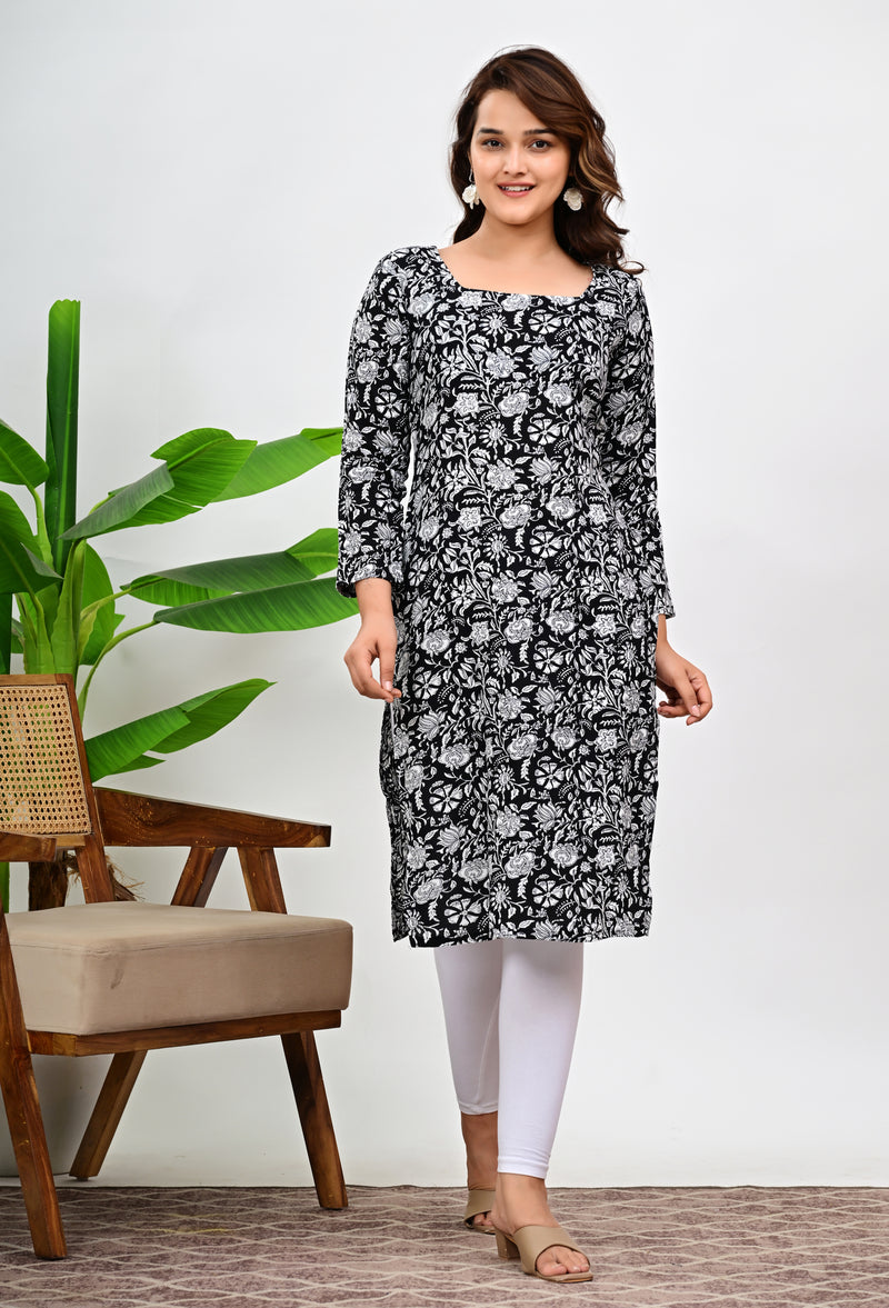 Women's Black Floral Print Cotton Straight Kurti