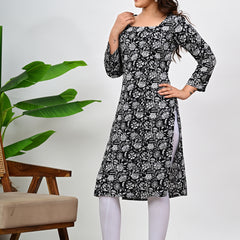 Women's Black Floral Print Cotton Straight Kurti