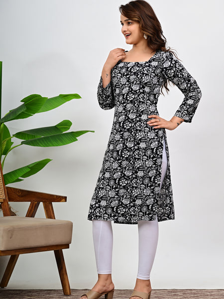 Women's Black Floral Print Cotton Straight Kurti
