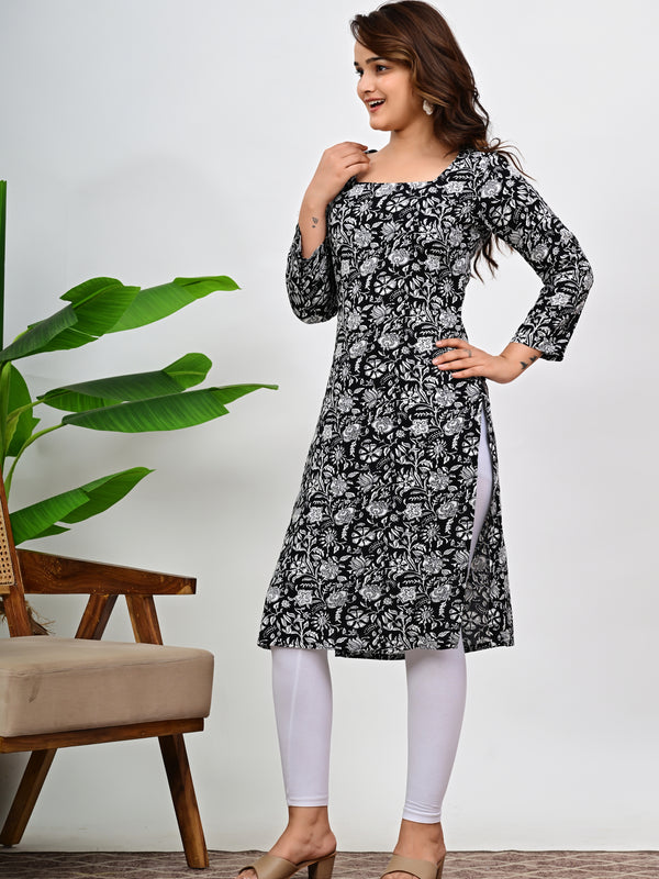 Women's Black Floral Print Cotton Straight Kurti