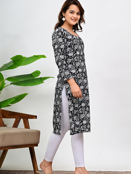 Women's Black Floral Print Cotton Straight Kurti
