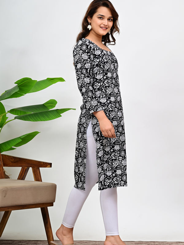 Women's Black Floral Print Cotton Straight Kurti