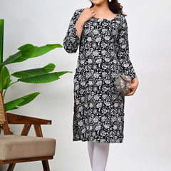Women's Black Floral Print Cotton Straight Kurti