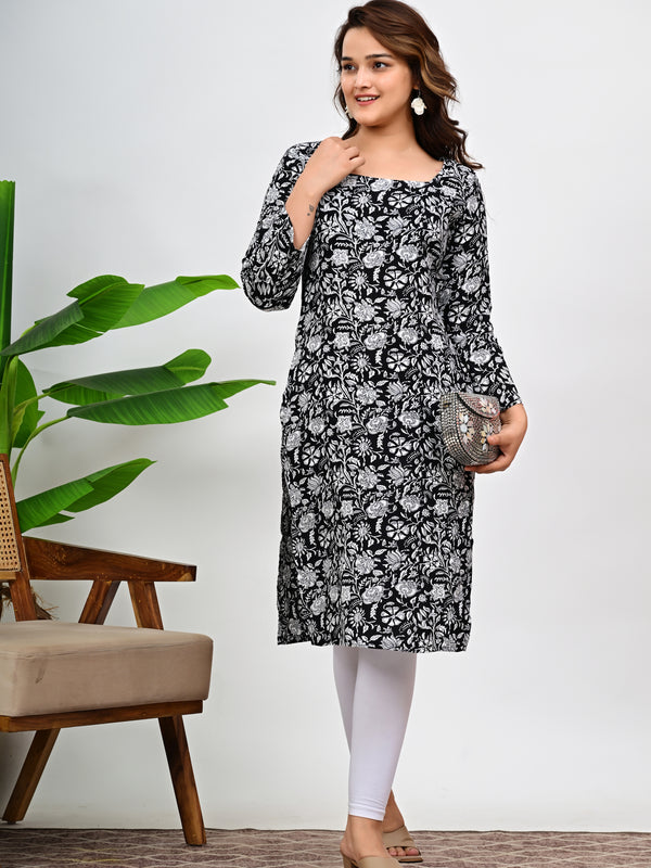 Women's Black Floral Print Cotton Straight Kurti