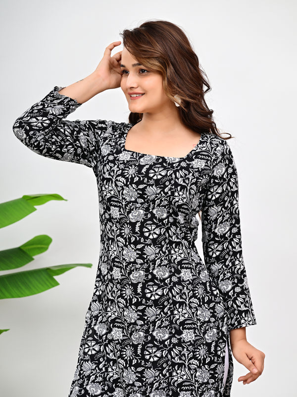 Women's Black Floral Print Cotton Straight Kurti