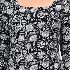 Women's Black Floral Print Cotton Straight Kurti