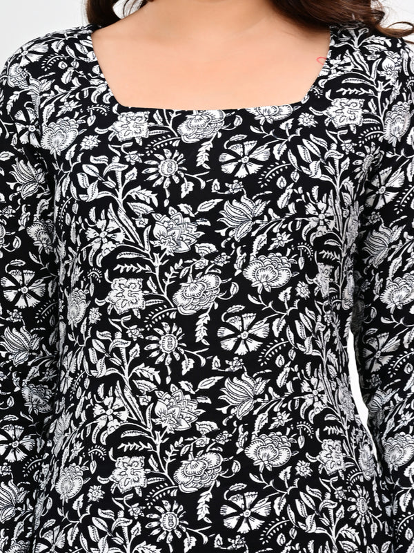 Women's Black Floral Print Cotton Straight Kurti